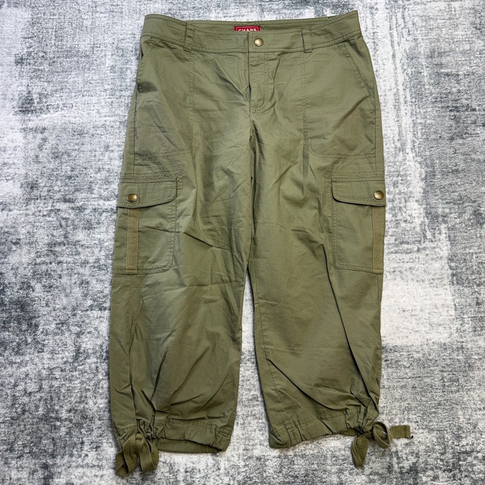 Chaps Cargo Pants Womens 10 Olive Green Capri Ripstop Utility Grunge Ankle Ties